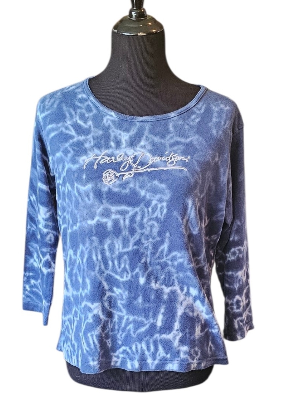 Harley-Davidson Rose Embroidered Tie Dye Top Large 3/4 Sleeve Blue
